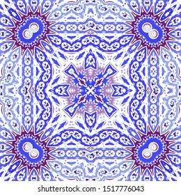 Antique portuguese azulejo ceramic. Graphic design. Vector seamless pattern trellis. Blue floral and abstract decor for scrapbooking, smartphone cases, T-shirts, bags or linens.