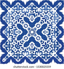 Antique portuguese azulejo ceramic. Graphic design. Vector seamless pattern collage. Blue floral and abstract decor for scrapbooking, smartphone cases, T-shirts, bags or linens.
