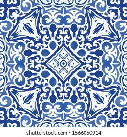 Antique portuguese azulejo ceramic. Graphic design. Vector seamless pattern trellis. Blue floral and abstract decor for scrapbooking, smartphone cases, T-shirts, bags or linens.