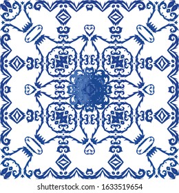 Antique portuguese azulejo ceramic. Graphic design. Vector seamless pattern trellis. Blue floral and abstract decor for scrapbooking, smartphone cases, T-shirts, bags or linens.