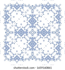 Antique portuguese azulejo ceramic. Graphic design. Vector seamless pattern trellis. Blue floral and abstract decor for scrapbooking, smartphone cases, T-shirts, bags or linens.