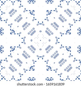 Antique portuguese azulejo ceramic. Graphic design. Vector seamless pattern trellis. Blue floral and abstract decor for scrapbooking, smartphone cases, T-shirts, bags or linens.