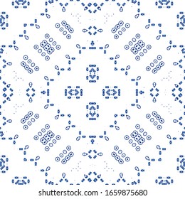 Antique portuguese azulejo ceramic. Graphic design. Vector seamless pattern trellis. Blue floral and abstract decor for scrapbooking, smartphone cases, T-shirts, bags or linens.