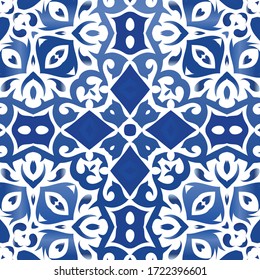 Antique portuguese azulejo ceramic. Graphic design. Vector seamless pattern poster. Blue floral and abstract decor for scrapbooking, smartphone cases, T-shirts, bags or linens.