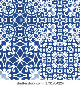 Antique portuguese azulejo ceramic. Graphic design. Collection of vector seamless patterns. Blue floral and abstract decor for scrapbooking, smartphone cases, T-shirts, bags or linens.