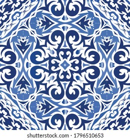 Antique portuguese azulejo ceramic. Graphic design. Vector seamless pattern arabesque. Blue floral and abstract decor for scrapbooking, smartphone cases, T-shirts, bags or linens.