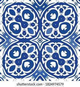 Antique portuguese azulejo ceramic. Graphic design. Vector seamless pattern elements. Blue floral and abstract decor for scrapbooking, smartphone cases, T-shirts, bags or linens.