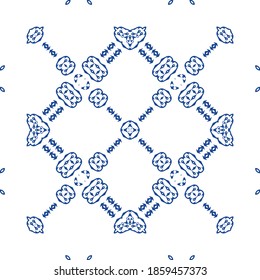 Antique portuguese azulejo ceramic. Graphic design. Vector seamless pattern trellis. Blue floral and abstract decor for scrapbooking, smartphone cases, T-shirts, bags or linens.