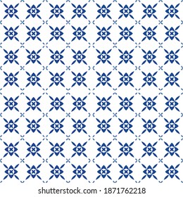 Antique portuguese azulejo ceramic. Graphic design. Vector seamless pattern poster. Blue floral and abstract decor for scrapbooking, smartphone cases, T-shirts, bags or linens.