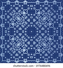 Antique portuguese azulejo ceramic. Graphic design. Vector seamless pattern texture. Blue floral and abstract decor for scrapbooking, smartphone cases, T-shirts, bags or linens.
