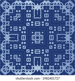 Antique portuguese azulejo ceramic. Graphic design. Vector seamless pattern texture. Blue floral and abstract decor for scrapbooking, smartphone cases, T-shirts, bags or linens.