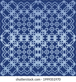 Antique portuguese azulejo ceramic. Graphic design. Vector seamless pattern texture. Blue floral and abstract decor for scrapbooking, smartphone cases, T-shirts, bags or linens.