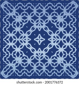 Antique portuguese azulejo ceramic. Graphic design. Vector seamless pattern texture. Blue floral and abstract decor for scrapbooking, smartphone cases, T-shirts, bags or linens.