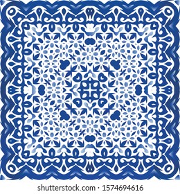 Antique portuguese azulejo ceramic. Hand drawn design. Vector seamless pattern trellis. Blue floral and abstract decor for scrapbooking, smartphone cases, T-shirts, bags or linens.