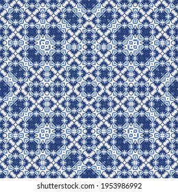Antique portuguese azulejo ceramic. Hand drawn design. Vector seamless pattern frame. Blue floral and abstract decor for scrapbooking, smartphone cases, T-shirts, bags or linens.