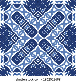 Antique portuguese azulejo ceramic. Hand drawn design. Vector seamless pattern frame. Blue floral and abstract decor for scrapbooking, smartphone cases, T-shirts, bags or linens.