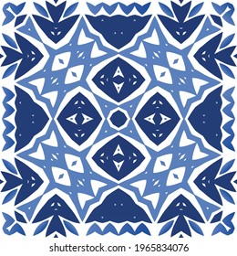 Antique portuguese azulejo ceramic. Hand drawn design. Vector seamless pattern frame. Blue floral and abstract decor for scrapbooking, smartphone cases, T-shirts, bags or linens.