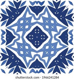Antique portuguese azulejo ceramic. Hand drawn design. Vector seamless pattern frame. Blue floral and abstract decor for scrapbooking, smartphone cases, T-shirts, bags or linens.