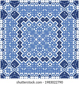 Antique portuguese azulejo ceramic. Hand drawn design. Vector seamless pattern frame. Blue floral and abstract decor for scrapbooking, smartphone cases, T-shirts, bags or linens.