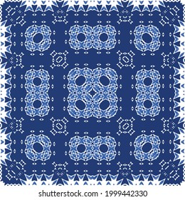 Antique portuguese azulejo ceramic. Hand drawn design. Vector seamless pattern frame. Blue floral and abstract decor for scrapbooking, smartphone cases, T-shirts, bags or linens.