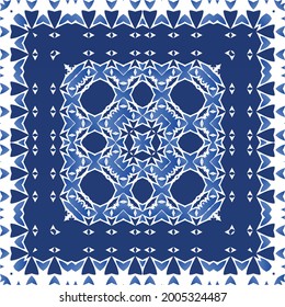 Antique portuguese azulejo ceramic. Hand drawn design. Vector seamless pattern frame. Blue floral and abstract decor for scrapbooking, smartphone cases, T-shirts, bags or linens.