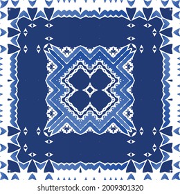 Antique portuguese azulejo ceramic. Hand drawn design. Vector seamless pattern frame. Blue floral and abstract decor for scrapbooking, smartphone cases, T-shirts, bags or linens.