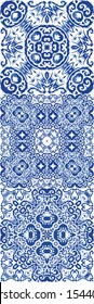 Antique portuguese azulejo ceramic. Kit of vector seamless patterns. Bathroom design. Blue floral and abstract decor for scrapbooking, smartphone cases, T-shirts, bags or linens.