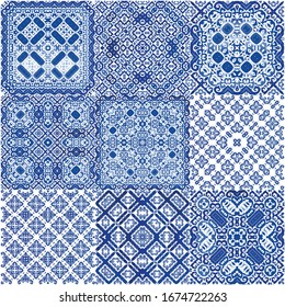 Antique portuguese azulejo ceramic. Kit of vector seamless patterns. Universal design. Blue floral and abstract decor for scrapbooking, smartphone cases, T-shirts, bags or linens.
