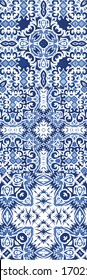 Antique portuguese azulejo ceramic. Kit of vector seamless patterns. Graphic design. Blue floral and abstract decor for scrapbooking, smartphone cases, T-shirts, bags or linens.