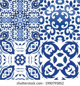 Antique portuguese azulejo ceramic. Kit of vector seamless patterns. Fashionable design. Blue floral and abstract decor for scrapbooking, smartphone cases, T-shirts, bags or linens.