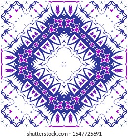 Antique portuguese azulejo ceramic. Kitchen design. Vector seamless pattern watercolor. Blue floral and abstract decor for scrapbooking, smartphone cases, T-shirts, bags or linens.