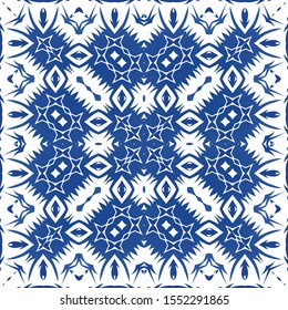 Antique portuguese azulejo ceramic. Kitchen design. Vector seamless pattern watercolor. Blue floral and abstract decor for scrapbooking, smartphone cases, T-shirts, bags or linens.