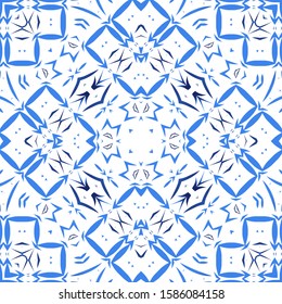 Antique portuguese azulejo ceramic. Kitchen design. Vector seamless pattern watercolor. Blue floral and abstract decor for scrapbooking, smartphone cases, T-shirts, bags or linens.