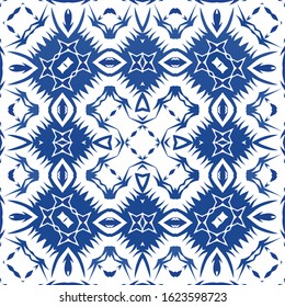 Antique portuguese azulejo ceramic. Kitchen design. Vector seamless pattern watercolor. Blue floral and abstract decor for scrapbooking, smartphone cases, T-shirts, bags or linens.