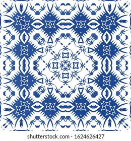 Antique portuguese azulejo ceramic. Kitchen design. Vector seamless pattern watercolor. Blue floral and abstract decor for scrapbooking, smartphone cases, T-shirts, bags or linens.