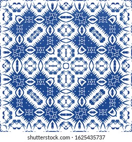 Antique portuguese azulejo ceramic. Kitchen design. Vector seamless pattern watercolor. Blue floral and abstract decor for scrapbooking, smartphone cases, T-shirts, bags or linens.
