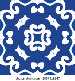 Antique portuguese azulejo ceramic. Kitchen design. Vector seamless pattern concept. Blue floral and abstract decor for scrapbooking, smartphone cases, T-shirts, bags or linens.