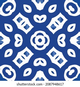 Antique portuguese azulejo ceramic. Kitchen design. Vector seamless pattern concept. Blue floral and abstract decor for scrapbooking, smartphone cases, T-shirts, bags or linens.
