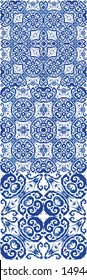 Antique portuguese azulejo ceramic. Minimal design. Set of vector seamless patterns. Blue floral and abstract decor for scrapbooking, smartphone cases, T-shirts, bags or linens.