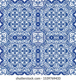 Antique portuguese azulejo ceramic. Modern design. Vector seamless pattern theme. Blue floral and abstract decor for scrapbooking, smartphone cases, T-shirts, bags or linens.