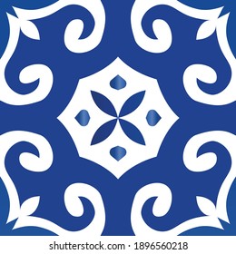 Antique portuguese azulejo ceramic. Modern design. Vector seamless pattern poster. Blue floral and abstract decor for scrapbooking, smartphone cases, T-shirts, bags or linens.