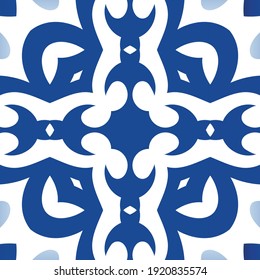 Antique portuguese azulejo ceramic. Modern design. Vector seamless pattern arabesque. Blue floral and abstract decor for scrapbooking, smartphone cases, T-shirts, bags or linens.