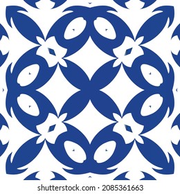 Antique portuguese azulejo ceramic. Modern design. Vector seamless pattern frame. Blue floral and abstract decor for scrapbooking, smartphone cases, T-shirts, bags or linens.