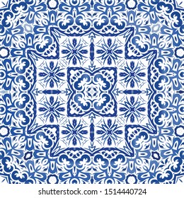 Antique portuguese azulejo ceramic. Original design. Vector seamless pattern arabesque. Blue floral and abstract decor for scrapbooking, smartphone cases, T-shirts, bags or linens.