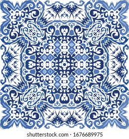 Antique portuguese azulejo ceramic. Original design. Vector seamless pattern elements. Blue floral and abstract decor for scrapbooking, smartphone cases, T-shirts, bags or linens.