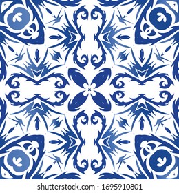 Antique portuguese azulejo ceramic. Original design. Vector seamless pattern watercolor. Blue floral and abstract decor for scrapbooking, smartphone cases, T-shirts, bags or linens.