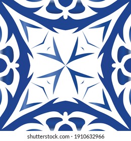 Antique portuguese azulejo ceramic. Original design. Vector seamless pattern watercolor. Blue floral and abstract decor for scrapbooking, smartphone cases, T-shirts, bags or linens.