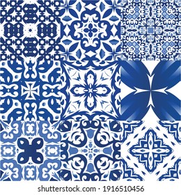 Antique portuguese azulejo ceramic. Original design. Set of vector seamless patterns. Blue floral and abstract decor for scrapbooking, smartphone cases, T-shirts, bags or linens.