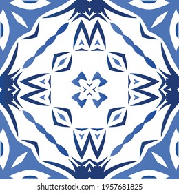 Antique portuguese azulejo ceramic. Original design. Vector seamless pattern illustration. Blue floral and abstract decor for scrapbooking, smartphone cases, T-shirts, bags or linens.