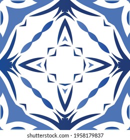 Antique portuguese azulejo ceramic. Original design. Vector seamless pattern illustration. Blue floral and abstract decor for scrapbooking, smartphone cases, T-shirts, bags or linens.